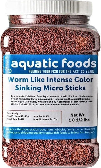 Aquatic Foods Inc. Worm Like Intense Color Enhancing Sinking Micro Sticks for Discus, Cichlids, Koi and Pond Fish, All Tropical Fish…1-lb & 8oz Med Jar