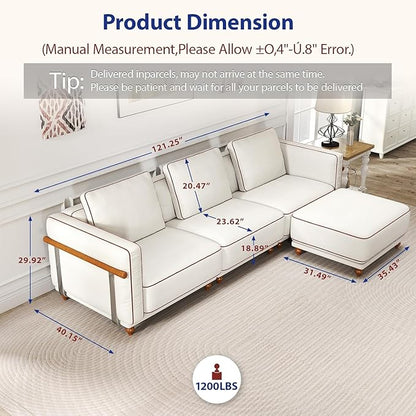 121.25" Modular Luxury Cloud Sectional Sofa with Ottoman, 70% Down-Filled Cushions, Removable Washable Ultra-Soft Linen Cover, Extra-Deep Seating, Solid Wood Armrests for Living Room