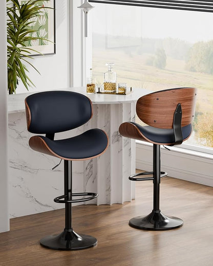 Aowos Bar Stools Set of 2, Adjustable Swivel Leather Bar Stools for Kitchen Island, Mid Century Modern Counter Height Bar Chairs Barstools with Back & Footrest (Blue)
