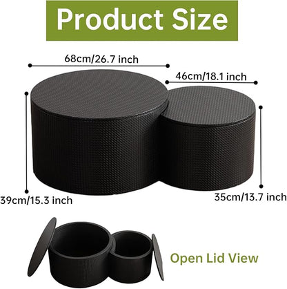 Round Nesting Coffee Table Set of 2, Round Fluted Coffee Tables with Storage for Living Room Leather Veneer Modern Nesting End Side Tables for Small Spaces (A Storage Black)