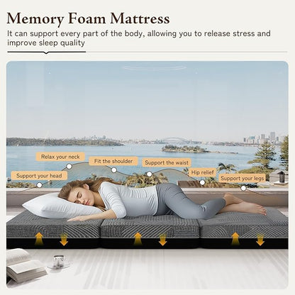 Tri Folding Mattress Queen Size - Memory Foam Tri-fold Handle & Non-Slip Bottom, Portable Foldable Sofa Bed Floor Chair for Travel RV Camping Guest Yoga - 6 Inch, 78"x58"x6"