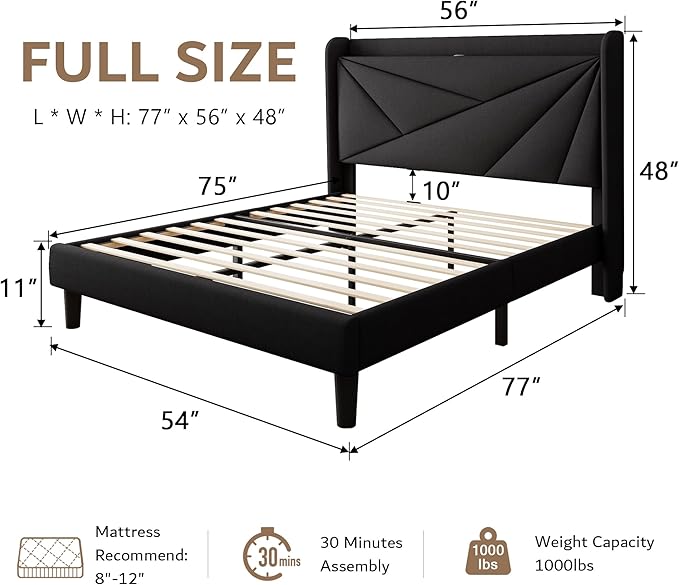 iPormis Full Size Bed Frame with Charging Station, Linen Platform Bed Frame with Wingback Upholstered Headboard, Solid Wood Slats Support, No Box Spring Needed, Easy Assembly, Black