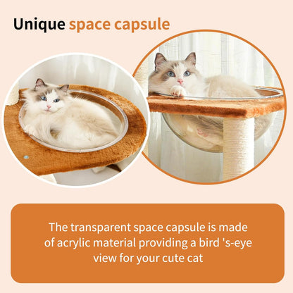 Modern Cat Tree Tower,Hand-Woven Ma Teng cat nest, Sisal-Covered Scratching Posts for Indoor Cats, Multi-Level Cat Condo with Space Capsule Nest, Tall Cat Tree for Multiple Large Cats