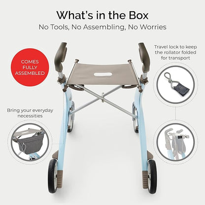 byACRE Carbon Ultralight Rollator Walker - World's Lightest Carbon Rollator - Only 10.6 lbs | Indoor and Outdoor Use | Foldable with seat and Easy to Travel with (Morning Blue, Compact Track)