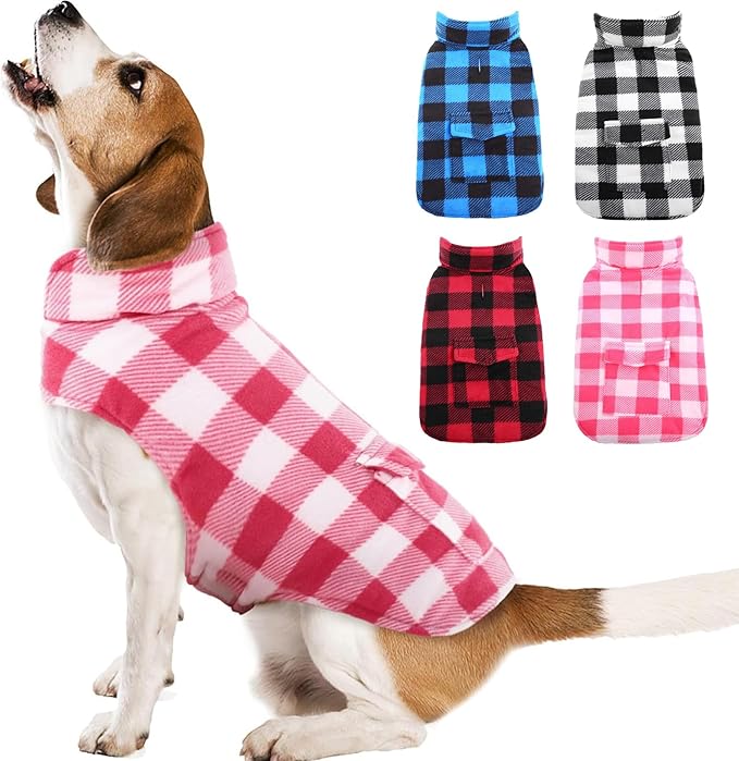 Kuoser Dog Winter Coat, Windproof Dog Fleece Jacket British Style Plaid Cold Weather Doggie Vest Coats, Reversible Cozy Warm Puppy Clothes Pet Apparel for Small Dogs S