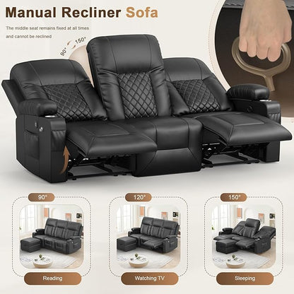 FURNIMAT Recliner Sofa with Storage Ottoman, 3 Seats Dual Reclining Sofa, PU Leather Loveseat Couch, Modern Recliner Chair for Living Room, with Cup Holder and 2 Cell Phone Holder, USB Ports