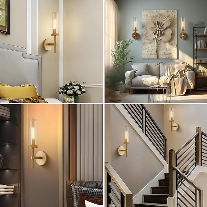 14" Bathroom Vanity Wall Sconces, Gold Wall Sconces Set of Two,Glass Tube Sconces Wall Lighting Indoors,Wall Lights for Mirror, Living Room, Bedroom, Hallway