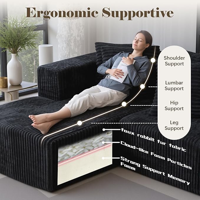 106'' Boneless Couches for Living Room, L Shaped Modular Sectional Sofa with Chaise Lounge, Faux Rabbit Fur & Layered Cushion Deep Seat Cloud Couch, No Assembly (Black, 130 U Shaped)