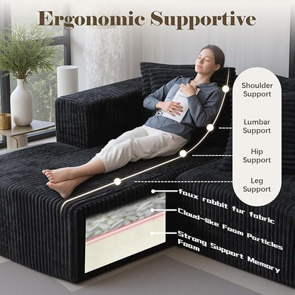 106'' Boneless Couches for Living Room, L Shaped Modular Sectional Sofa with Chaise Lounge, Faux Rabbit Fur & Layered Cushion Deep Seat Cloud Couch, No Assembly (Black, 130 U Shaped)