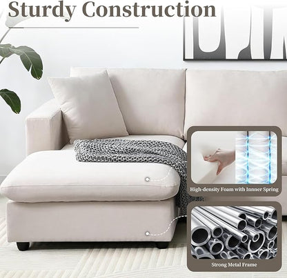 KIVENJAJA Beige Cloud Couch for Living Room Apartment Small Spaces, Linen L Shaped Modular Sectional Sofa with Convertible Ottoman Chaise, Modern Minimalist, Metal Frame, 100.4" W 3 Seater