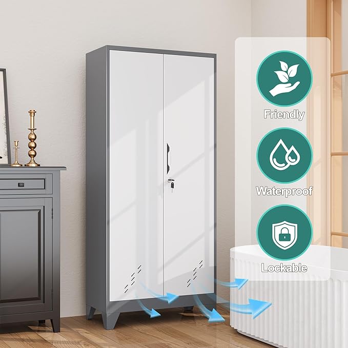 Metal Storage Cabinet with Locking Doors, Broom Closet/Freestanding Bathroom