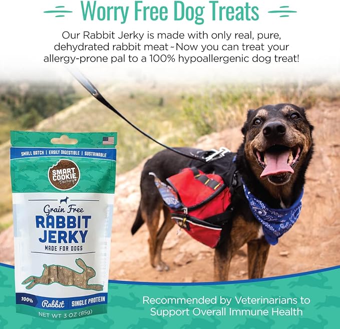 Smart Cookie Single Ingredient Rabbit Jerky Dog Treats - Training Treat Strips for Dogs and Puppies with Allergies, Sensitive Stomachs - Dehydrated, 100% Meat, Grain Free, Made in USA - 3oz, Pack of 1