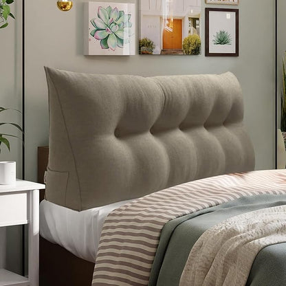 WOWMAX 80% Cotton & 20% Linen Blend Headboard Pillow – Queen Size Reading Wedge Backrest for Bed, Handmade Firm Support Bolster Cushion with Removable Cover, Premium Bed Rest Pillow, Light Gray