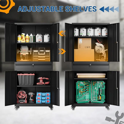 73" Metal Cabinet-Black Heavy Duty Rolling Storage Cabinet Steel Tool Cabinets