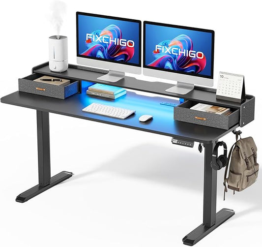 Electric Standing Desk with Drawers, 63 Inch Height Adjustable Desk with Power