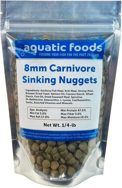 Aquatic Foods Inc. 8mm - 5/16" Carnivore Sinking Pellets for Carnivore Cichlids, Catfish, Monster Fish, Bottom Fish, All Large Fish, Also Koi & Pond Fish. - WL…1/4-lb Foil Pouch Bag