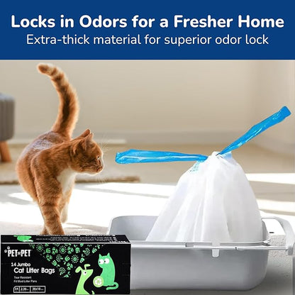 PET N PET Cat Litter Box Liners Bags Jumbo, Heavy Duty Tear Resistant & Drawstring Closure Cat Litter Bags, Waterproof Kitty Box Liners Fits Litterbox Pan Sizes, 36" x 18", 14 Count