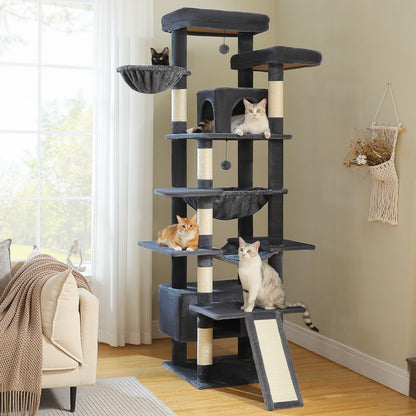 81 Inch Tall Cat Tree for Big Cats & Multi-Cat Homes, Large Heavy Duty Cat Tower with Metal Frame Hammock, 6 Scratching Posts, 2 Condos, 2 Perches, Scratching Pad - Dark Grey