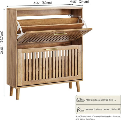 Shoe Storage Cabinet with 2 Flip Slatted Drawers, Narrow Freestanding Shoe