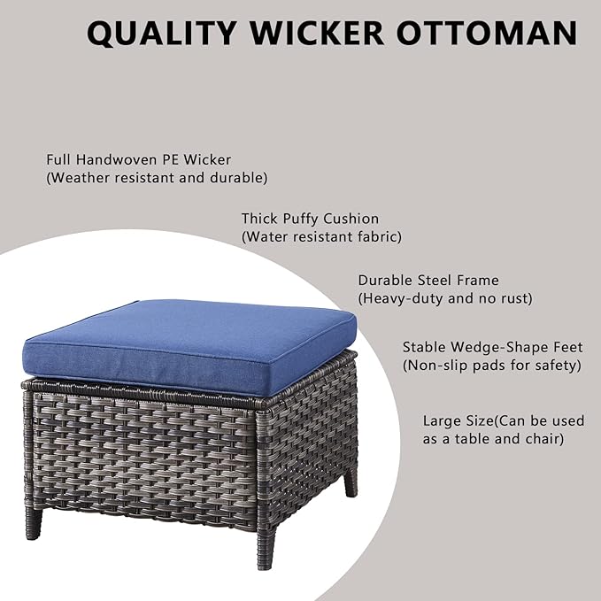 Rilyson Outdoor Patio Furniture Sofa Set - 7 PC Rattan Wicker Patio Sectional Conversation Sets with Sofa,Loveseat,Coffee Table,Armrest Chairs and Ottomans for Porch Deck Garden(Mixed Grey/Blue)