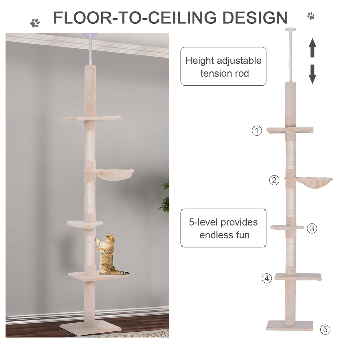 102" Adjustable Height Floor to Ceiling Cat Tree, 5 Level Cat Tower with Scratching Posts, Hammock, Beige