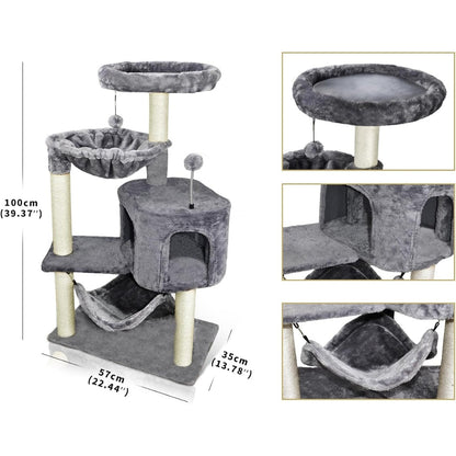 Cat Tree With Cat Condo And Big Hammock, Grey