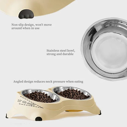 Anti Slip Base Double Cat Food Bowl, White Stainless Steel Food And Water Bowl, Easy To Clean And Detachable Design, Cat And Dog Pet Feeder