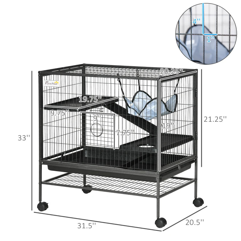 Small Animal Cage With Wheels, Pet Playpen For Rat, Syrian Hamster, Kitten, Ferrets, Chinchillas With Bottom Storage Shelf, Removable Tray, Ramp