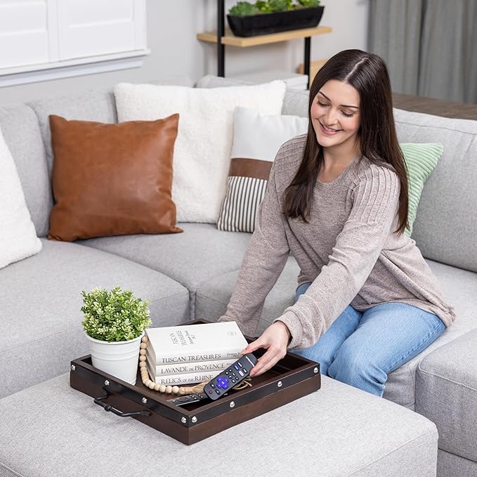 16"x16" Large Square Ottoman Tray, Heavy Duty Mango Wood, for Serving Tea, Breakfast in Bed, Living Room Large Coffee Table Tray Rustic with Farmhouse Style, Decorative Handles and Accent Strap
