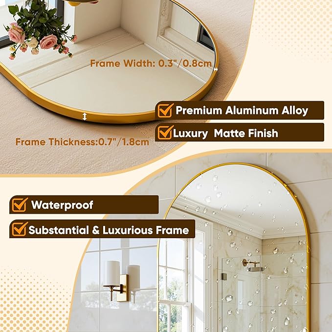 Arched Mirror 24"x36", Bathroom Mirror, Wall Mounted Vanity Mirror