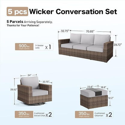 SUNSHINE VALLEY Swivel Glider 5 Piece Outdoor Furniture Set with Swivel Chairs, Wicker Patio Furniture with 4.92" Wide Armrest, 26.3" Deep Seating and 5.5" Thick Cushions, Grey