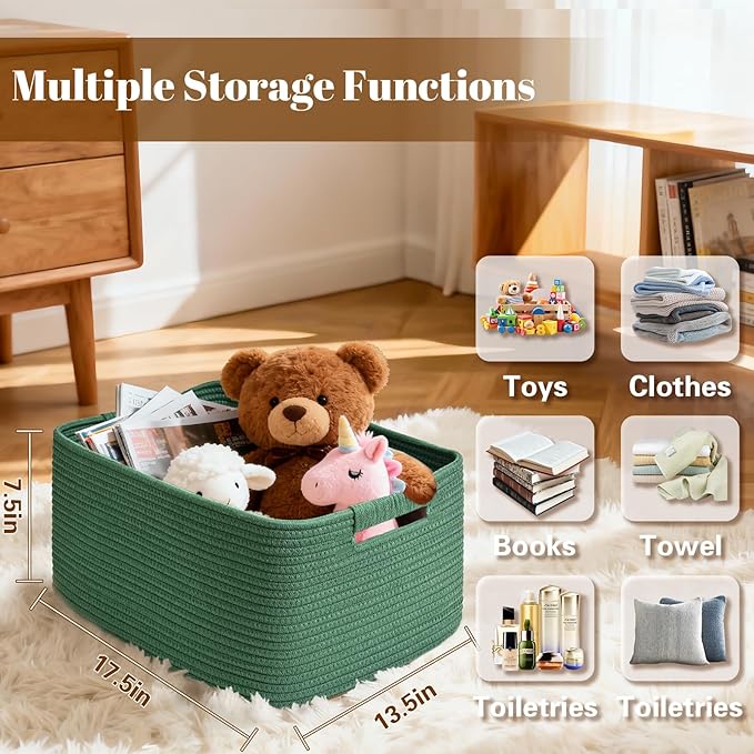 4 Pack Large Storage Basket for Organizing, 17.5"x13"x7" Woven Basket for Shelves, Closet Cube Storage Bins with Wrapped Handle, Cotton Rope Baskets for Kitchen, Clothes, Toys(Green)