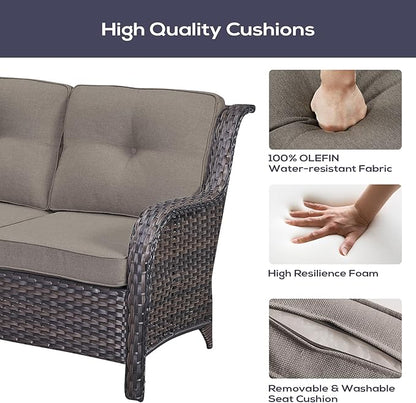 Belord Outdoor Sectional Sofa Furniture Set with Propane Fire Pit Table, Wicker Patio Conversation Set with 2 Swivel Glider Rocker Chairs Grey Cushion Perfect for Backyard Casual Gathering