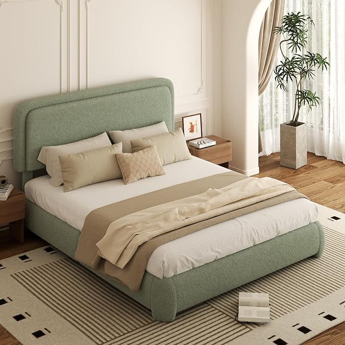 Queen Bed Frame, Teddy Velvet Boucle Bed Frame with 43.3"/45.3" Adjustable Upholstered Headboard, Rounded Corners, Mattress Foundation, No Box Spring Required, Green