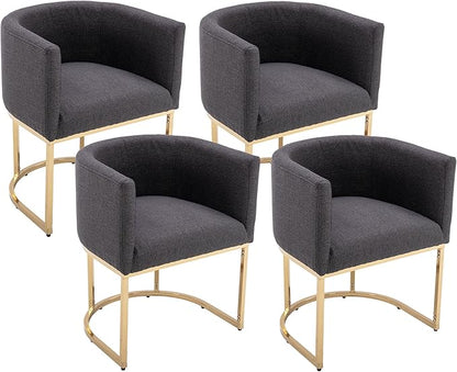 VESCASA Linen Upholstered Dining Chairs with Barrel Back, Mid Century Modern Padded Restaurant Chairs with Gold Metal Frame for Kitchen, Dining Room, Set of 4, Charcoal