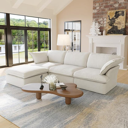 WJShome 165.2" Cloud Modular Sectional Sofa, Modern Comfy Couch Filled with Down, Minimalist Wide Deep Seat Couches for Living Room Apartment Lounge Bedroom (White, 3 Seater+1 Ottoman)