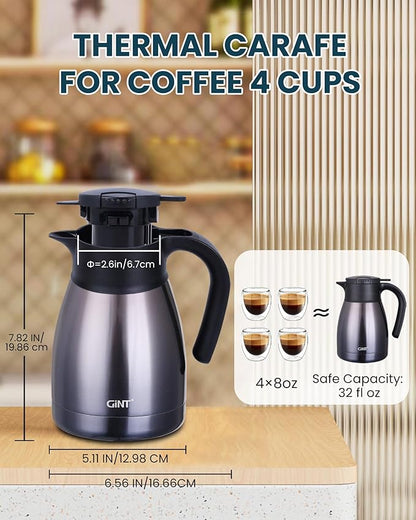 GiNT 1L / 34Oz Thermal Coffee Carafe, Insulated Stainless Steel Coffee Carafes