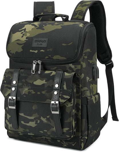 YALUNDISI Vintage Backpack Travel Laptop Backpack with usb Charging Port for Women & Men College Backpack Fits 15.6 Inch Laptop Camouflage Green