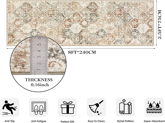 Lahome Moroccan Hallway Rug, 2'5''x8' Kitchen Runner Rugs Non Skid Washable Runners for Hallways, Ultra-Thin Oriental Carpet for Entryway Laundry Room Bedroom Bathroom, Khaki