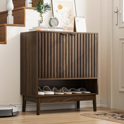 Shoe Cabinet with Slatted Doors, 4 Tier Freestanding Shoe Cabinet Storage