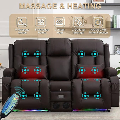 URRED Loveseat Recliner Sofa with Massage and Heat, Power Reclining Loveseat Sofa RV Couch with Console, Home Theater Seating with LED Lights, Bluetooth Speaker, USB, Outlets, Faux Leather, Dark Brown