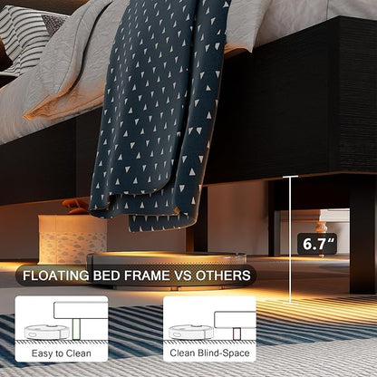 Floating Bed Frame Twin Size with Led Headboard and Charging Station, Metal Platform Bed Base with Storage, Remote Control, Heavy Slats Support, No Box Spring Needed, Noise Free, Black