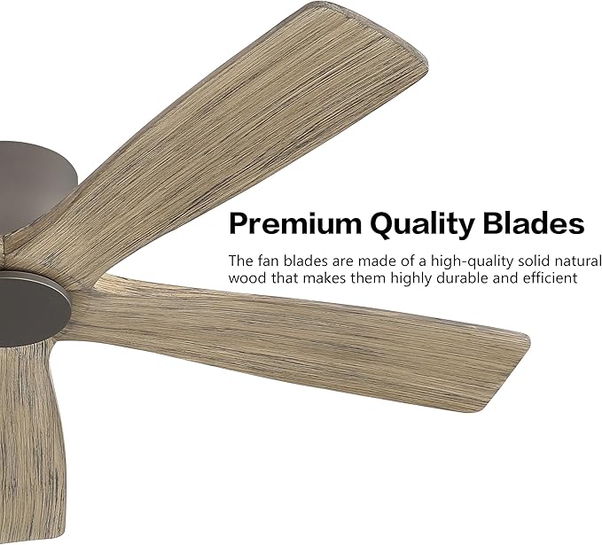 WINGBO 48" Flush Mount DC Ceiling Fans without Lights, 5 Carved Solid Wood