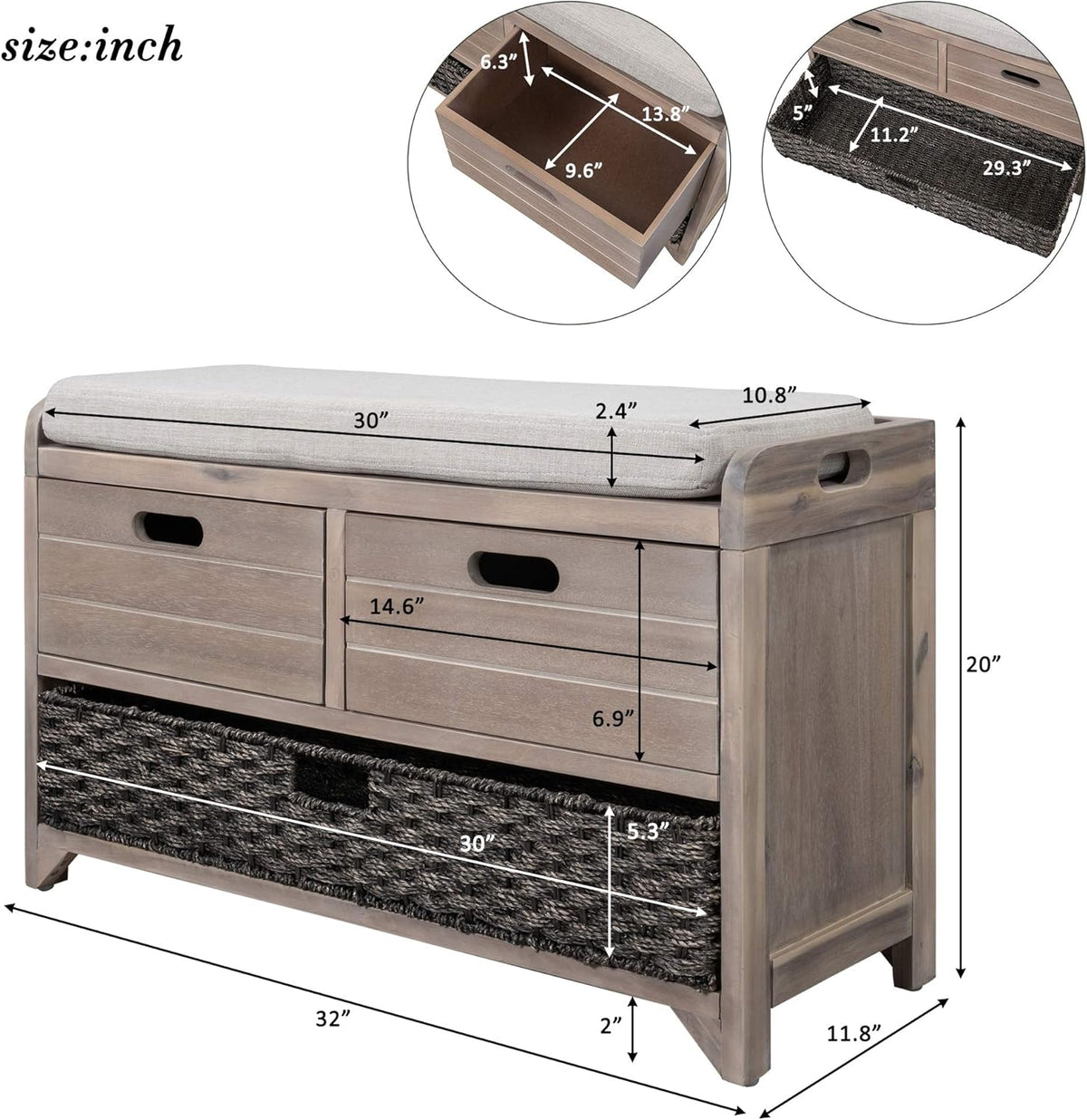 Storage Bench Removable Basket 2 Drawers Fully Assembled Acacia Wood Shoe Bench Standing Shoe Rack Removable Cushion for Living Room, Entrance Hallway, No Assembly Required White Washed