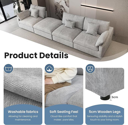 WJShome 120" Cloud Couch Sectional for Living Room, L Shape Down Filled Modular Sectional Sofa Couch,Convertible Couched with Ottoman, Sofa Covers Washable&Replaceable,Gray