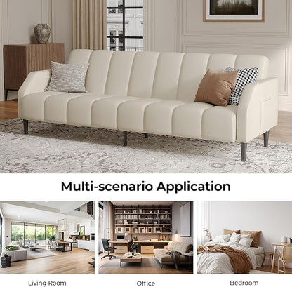 Fadware Faux Leather Couch, Convertible Futon Sofa Bed with Adjustable Backrest, Mid Century Leather Sofa Loveseat with Side Pockets& Metal Leg, Modern Leather Sleeper Sofa for Living Room Bedroom