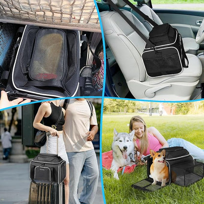 Petskd Top and Side Expandable Pet Carrier 18x11x11 Inches Delta United Airline Approved, Soft-Sided Carrier for Small Cats and Dogs with Locking Safety Zippers and Anti-Scratch Mesh(Black)