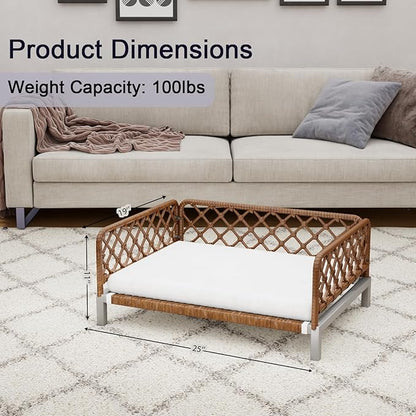 Small Dog Bed, Waterproof Elevated Dog Couch with Washable Removable White Cushion, Boho Rattan Dark Brown Wicker Orthopedic Pet Sofa for Outdoor, Indoor