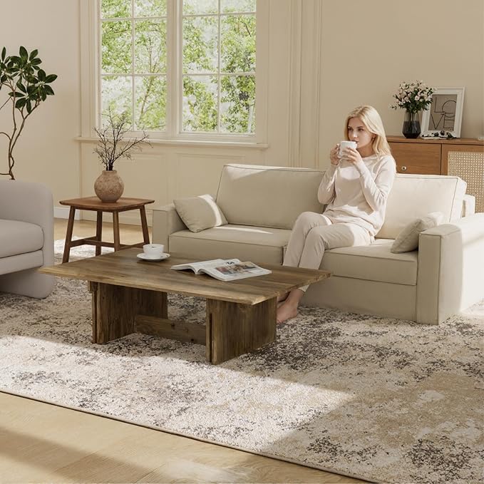 47 Inch Modern Farmhouse Coffee Table, Large Rectangular Wood Center Table with Cross Base for Living Room, Rustic Industrial Cocktail Table, Oak