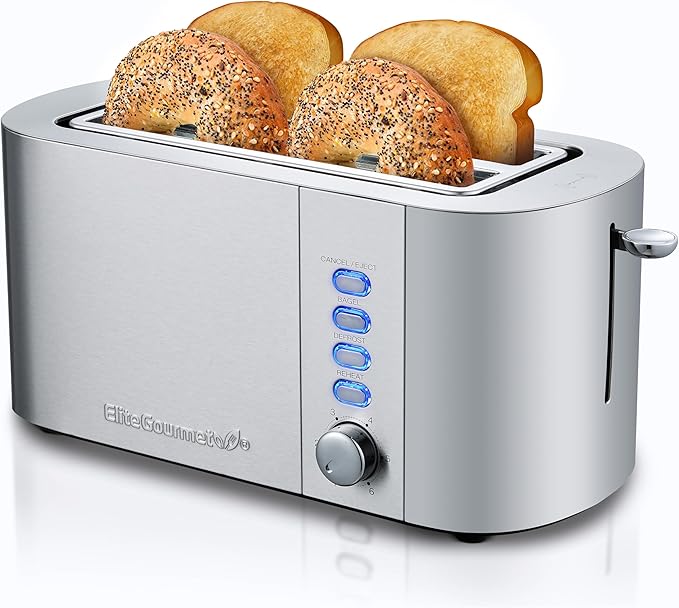 Elite Gourmet ECT4123 Long Slot 4 Slice Toaster, Extra Wide 1.5" and 5.1" Deep